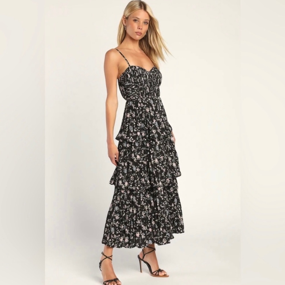 Cascading Crush Black Floral Print Tiered Bustier Midi Dress-  LuLus